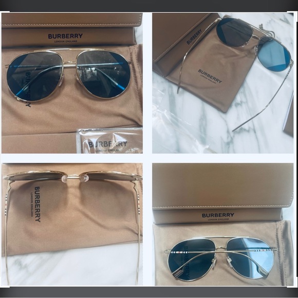 BURBERRY PILOT GOLD- TONE METAL AVIATORS WITH 2 TONE DESIGN DETAILING ON LENSES - Picture 15 of 16